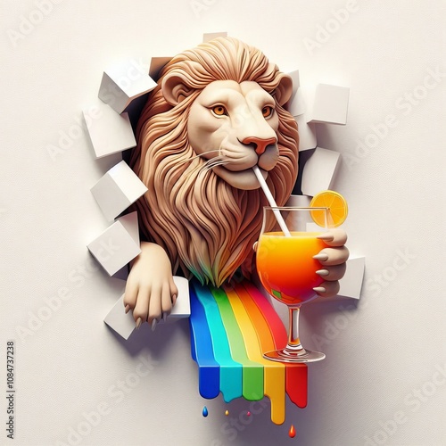 A lion sipping a cocktail. Splash art , rainbow concept. photo