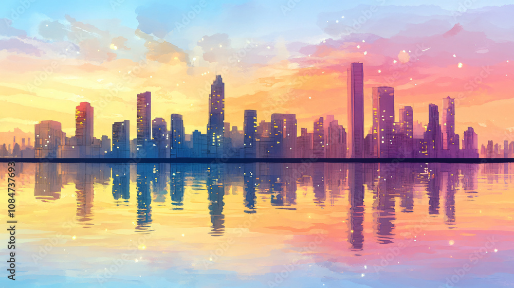 Obraz premium dreamy watercolor metropolitan skyline reflecting in harbor waters, dawn colors