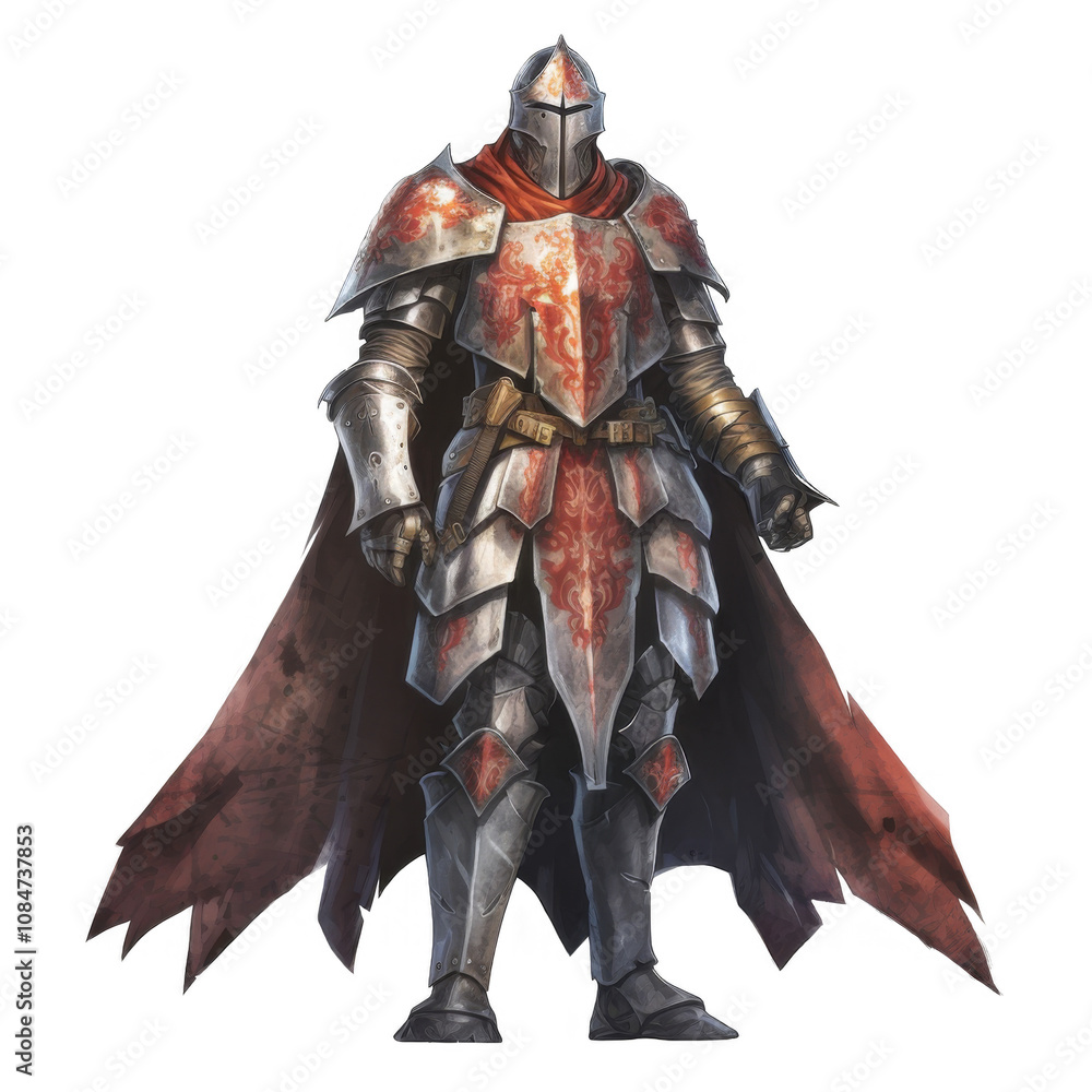 Ornate Medieval Knight in Full Plate Armor with a Red Cape Ornate Medieval Knight in Full Plate Armor with a Red Cape