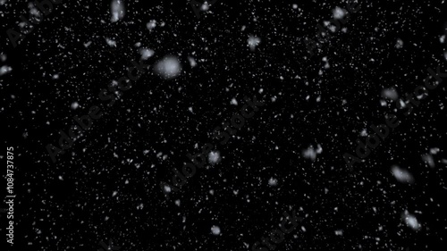 White snow overlay layer isolated on black background snowflakes bokeh, and snowfall for Christmas and holiday design. 4k Seamless loop	
