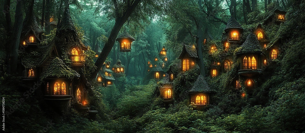 Fototapeta premium Enchanted forest with whimsical houses glowing in a mystical atmosphere.