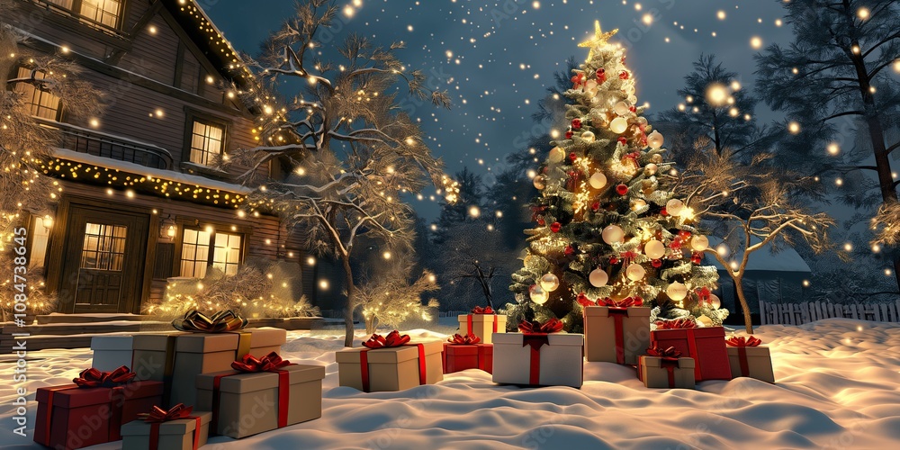 Illuminated Christmas Tree and Snowy Forest, Festive Winter Night Illuminated Christmas Tree and Snowy Forest, Festive Winter Night