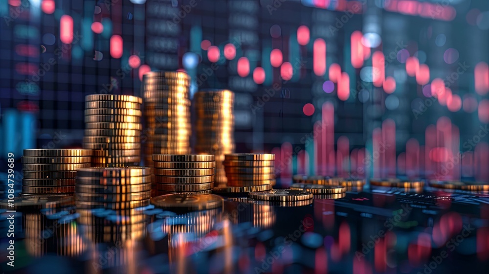 Golden Coin Stacks Reflecting Financial Market Data and Growth Golden Coin Stacks Reflecting Financial Market Data and Growth