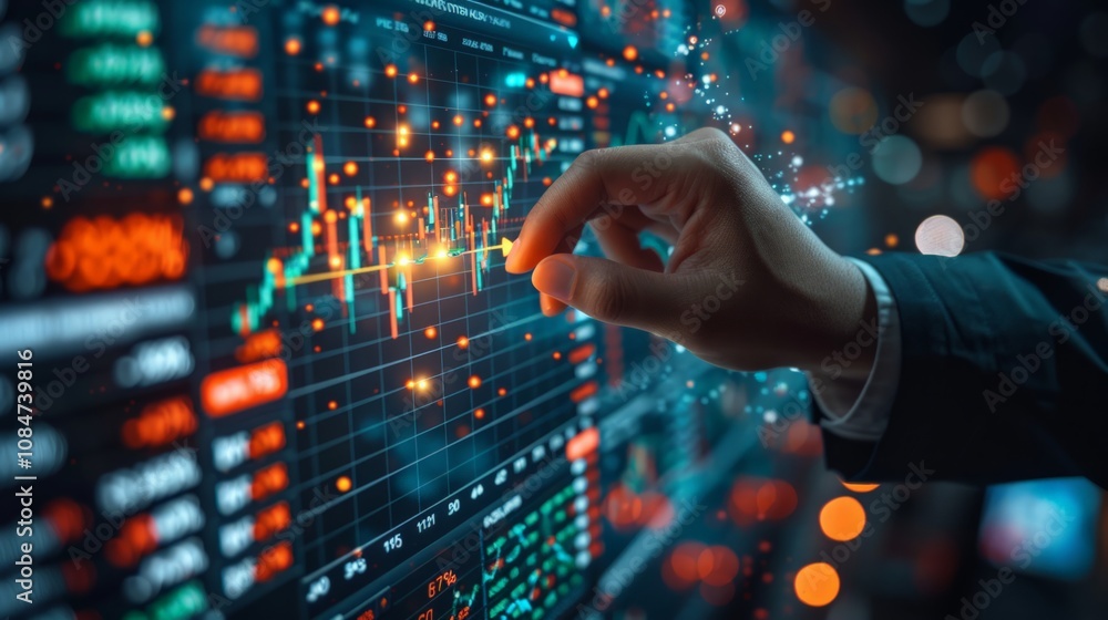 An individual in a business suit holds an arrow up icon, with financial charts and rising stock data in the background. An individual in a business suit holds an arrow up icon, with financial charts and rising stock data in the background.