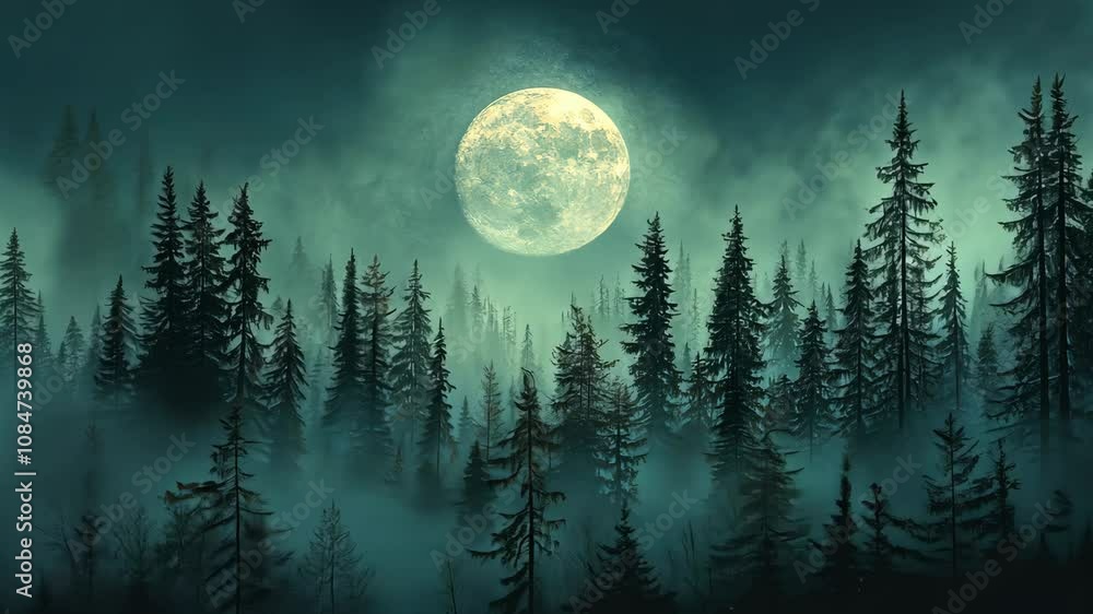 Enigmatic Full Moon over Misty Forest Enigmatic Full Moon over Misty Forest