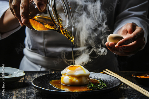 a Japanese chef carefully pouring dashi over steamed egg custard photo