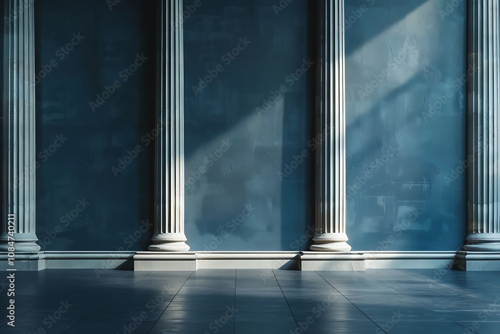 Pillars in a room with gray blue concrete wall. Background for product presentation Pillars in a room with gray blue concrete wall. Background for product presentation