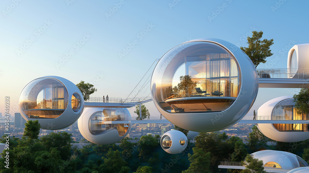 A community of spherical, interconnected homes suspended on cables, resembling a celestial constellation. A community of spherical, interconnected homes suspended on cables, resembling a celestial constellation.