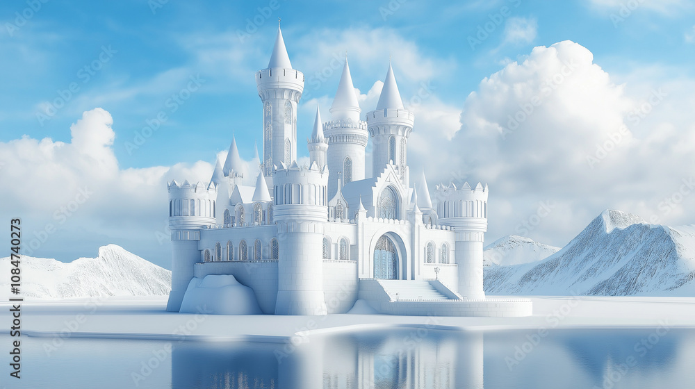 A fantastical architectural rendering of a castle made of ice, with towering turrets, sparkling chandeliers, and a moat surrounded by snow-capped mountains A fantastical architectural rendering of a castle made of ice, with towering turrets, sparkling chandeliers, and a moat surrounded by snow-capped mountains