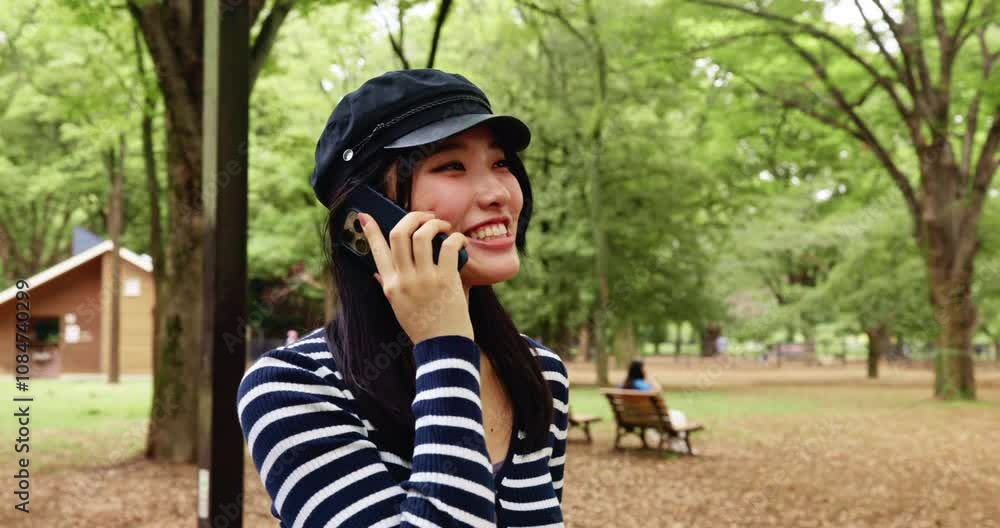 Japanese woman, nature and talking with phone call for communication, listening and gossip with contact. Park, female person and smile with mobile for conversation, vacation update and travel outdoor