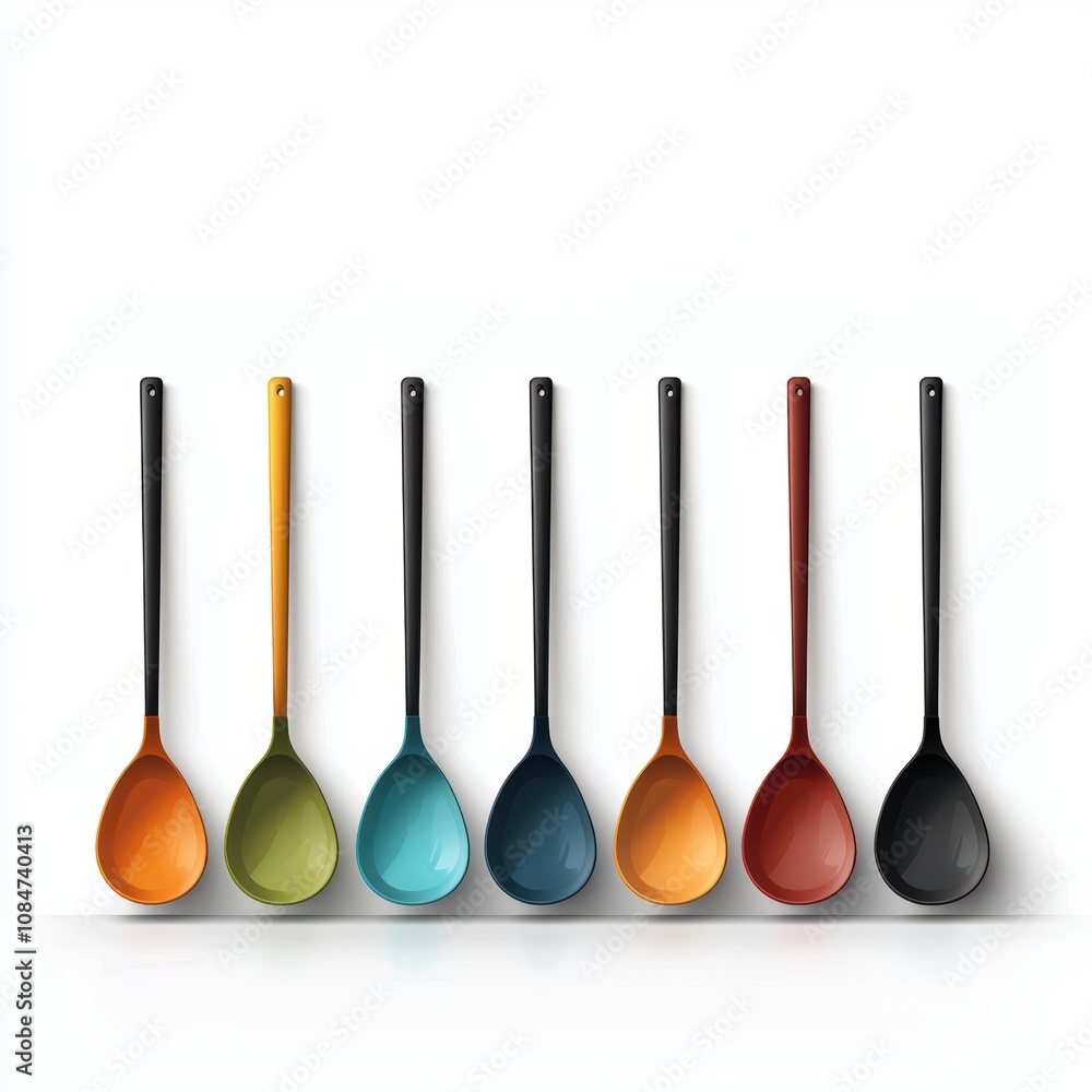 A vibrant array of cooking spoons in various colors lined up against a white background, perfect for culinary blogs, kitchenware advertisements, or home cooking promotions, A vibrant array of cooking spoons in various colors lined up against a white background, perfect for culinary blogs, kitchenware advertisements, or home cooking promotions,