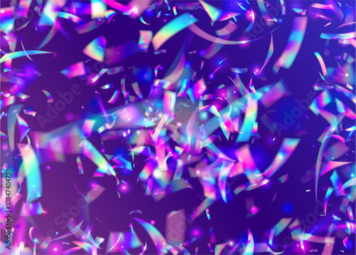 Disco Confetti. Birthday Burst. Surprise Tinsel. Laser Texture. 3d Ribbon. Digital Flag. Blue Glare Glitter. Art Holographic Serpentine. Purple Disco Confetti