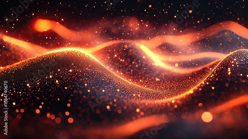 Abstract glowing wave of particles with orange and red lights.