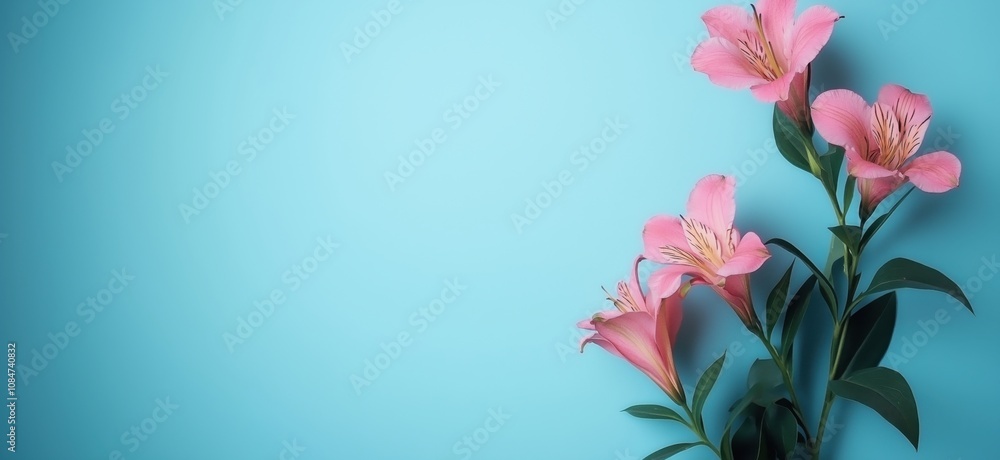 Obraz premium Pink flowers on blue background, vibrant floral arrangement with delicate petals and green leaves