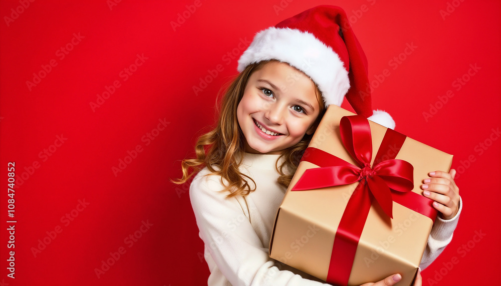 A cheerful young girl wearing a Santa hat joyfully holds a wrapped Christmas gift box. The red background enhances the festive holiday spirit and joyful atmosphere of the celebration.
A cheerful young girl wearing a Santa hat joyfully holds a wrapped Christmas gift box. The red background enhances the festive holiday spirit and joyful atmosphere of the celebration.