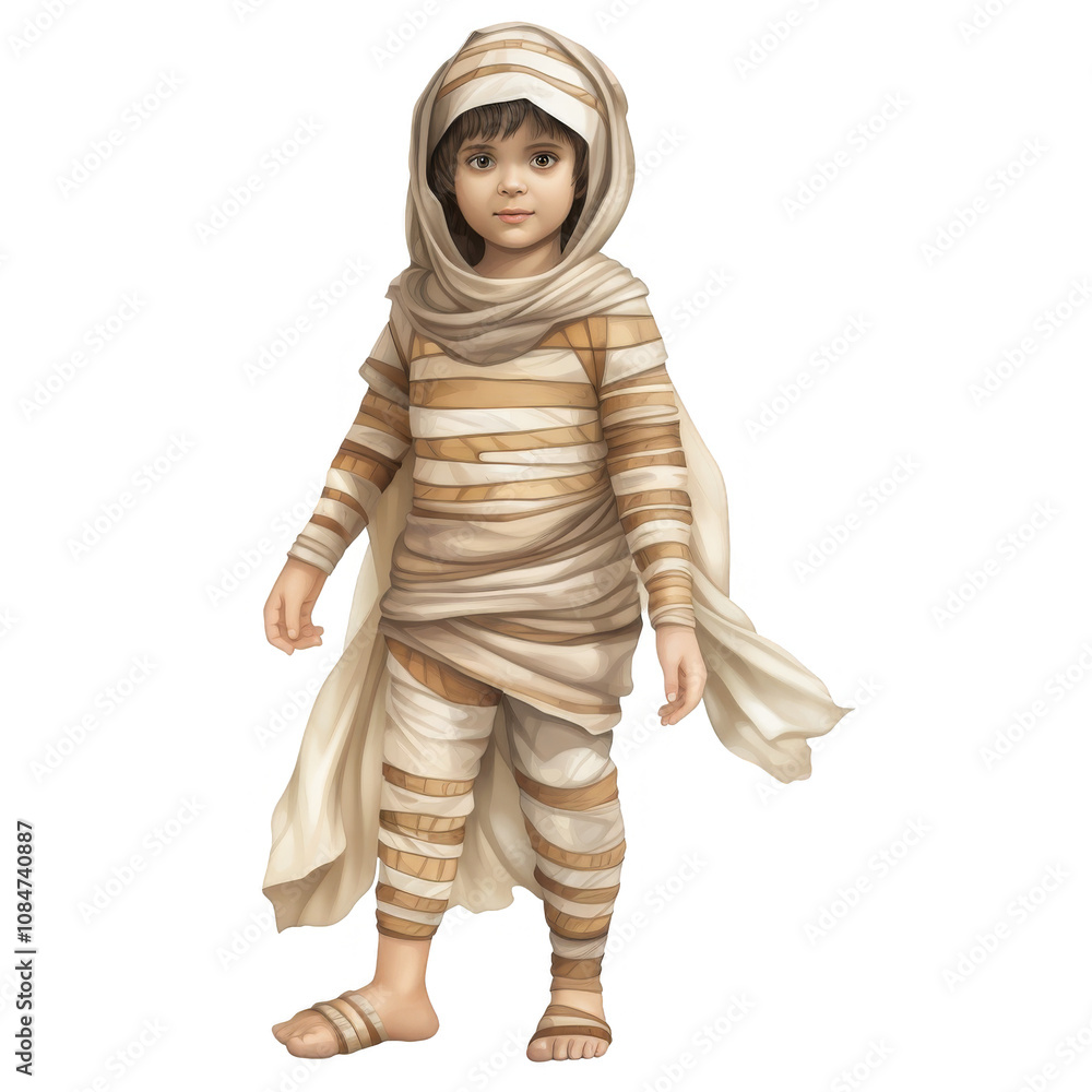 Young Child in Beige Mummy Costume, Standing Pose
