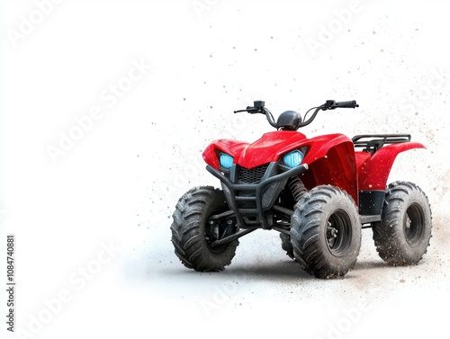 A vibrant red ATV is depicted against a white background, showcasing its robust design, This image is ideal for promoting outdoor activities, adventure tourism, or recreational vehicle sales,