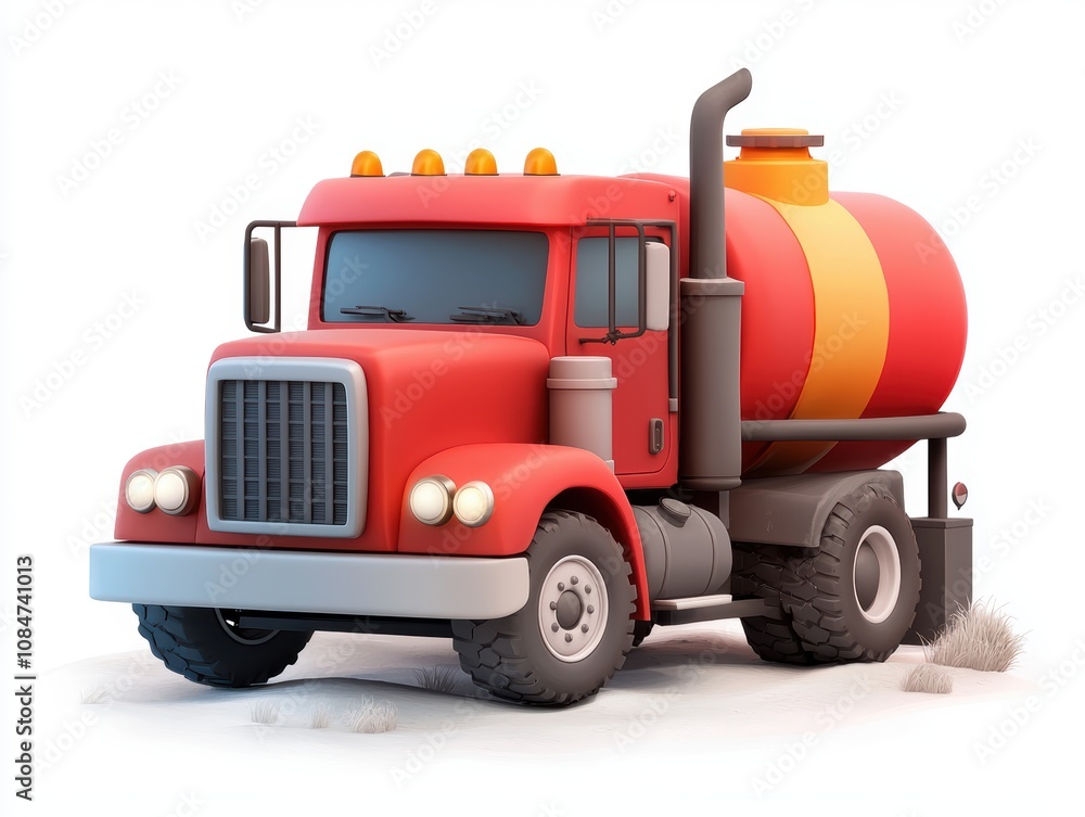 Naklejka premium A vibrant red fuel truck with an orange tank, designed for transporting liquids, This illustration is perfect for educational materials, logistics articles