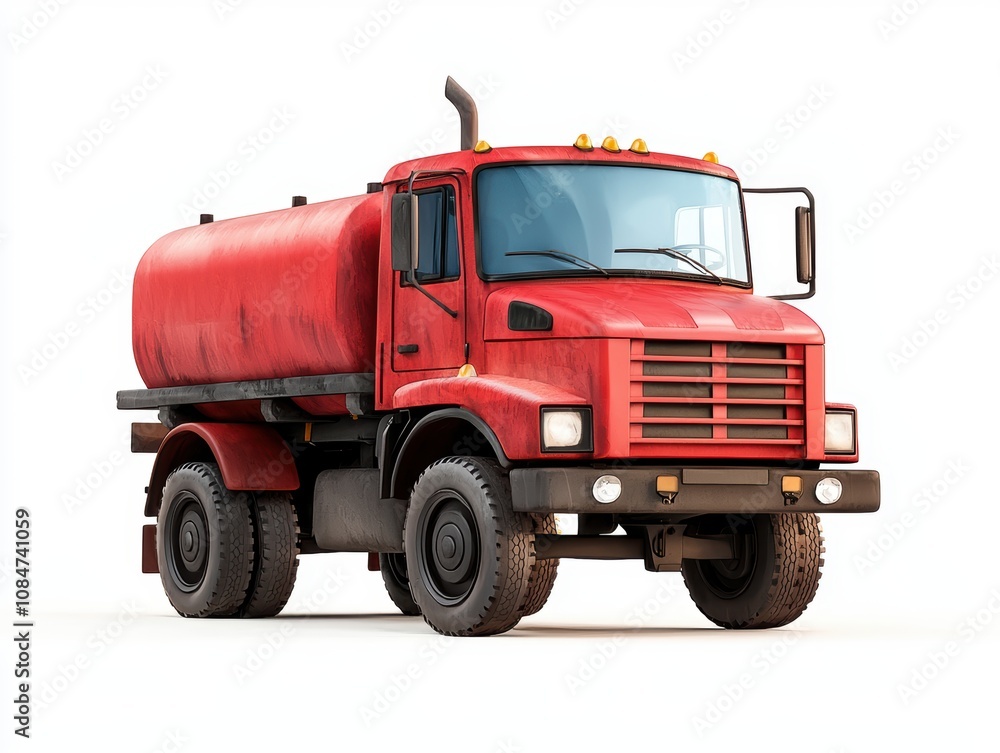 A vibrant red water tanker truck with a sturdy build, positioned on a white background, Perfect for transportation, construction, or environmental projects A vibrant red water tanker truck with a sturdy build, positioned on a white background, Perfect for transportation, construction, or environmental projects