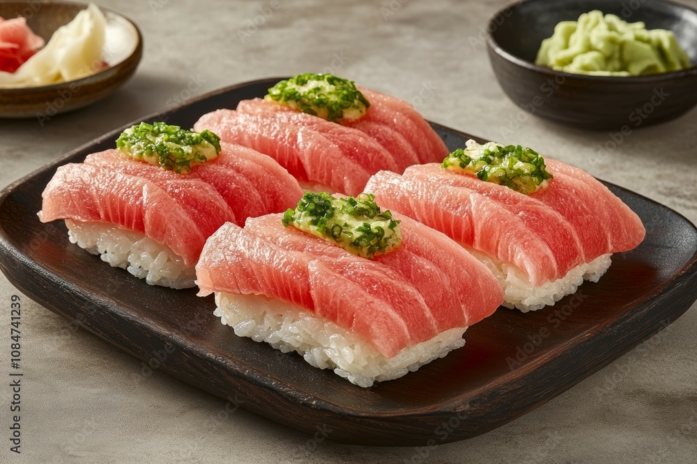 Close-up of Four Exquisite Tuna Sushi Pieces
