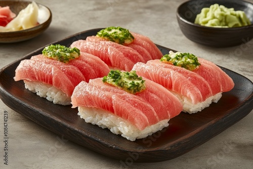 Close-up of Four Exquisite Tuna Sushi Pieces photo