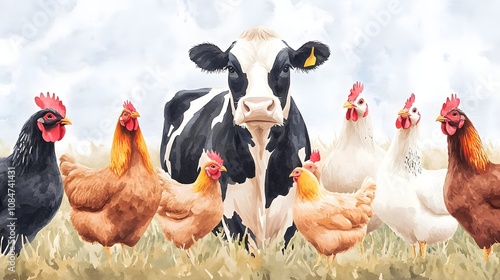 Cow and Chickens Watercolor Illustration photo