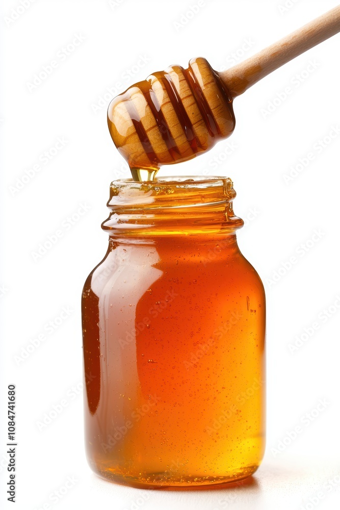 A close-up image of honey dripping from a wooden dipper into a glass jar, showcasing the golden hue and texture of the honey, Ideal for culinary, wellness, or natural product promotions, A close-up image of honey dripping from a wooden dipper into a glass jar, showcasing the golden hue and texture of the honey, Ideal for culinary, wellness, or natural product promotions,