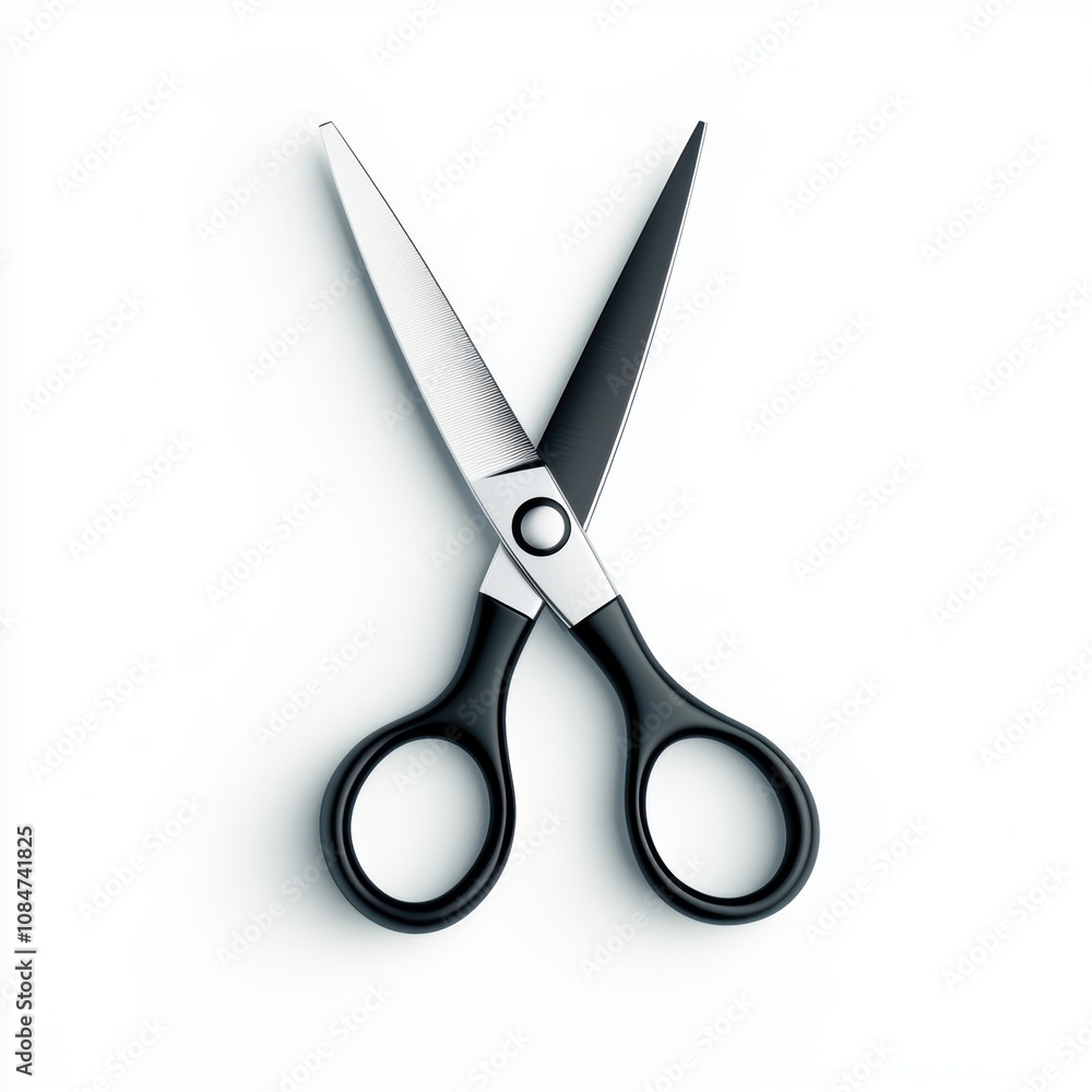 A pair of stainless steel scissors with black handles is displayed against a plain white background, suitable for use in crafting, office supplies, or educational materials for workshops, A pair of stainless steel scissors with black handles is displayed against a plain white background, suitable for use in crafting, office supplies, or educational materials for workshops,