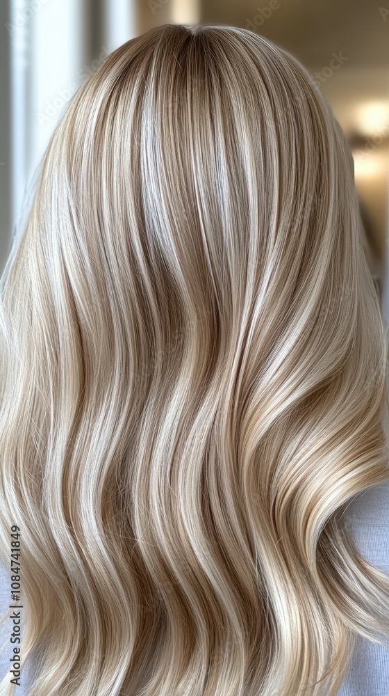 Close-up view of flowing blonde hair with soft waves and natural highlights reflecting light beautifully. Close-up view of flowing blonde hair with soft waves and natural highlights reflecting light beautifully.