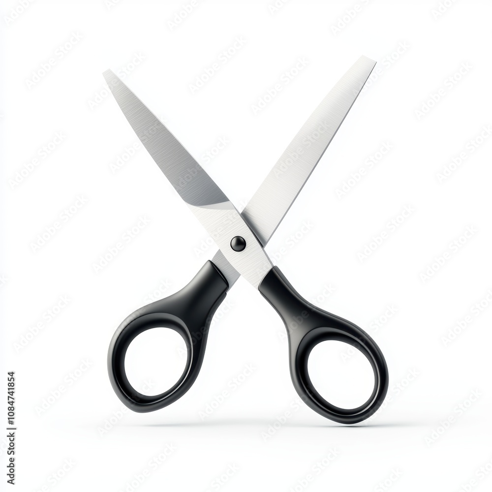 A pair of stainless steel scissors with black plastic handles, positioned on a white background, Ideal for crafting, office supplies, and educational materials A pair of stainless steel scissors with black plastic handles, positioned on a white background, Ideal for crafting, office supplies, and educational materials