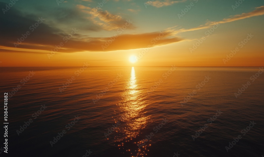 Obraz premium Sunset over calm ocean waters, golden hues reflecting on surface, serene atmosphere, clear sky, tranquil scene