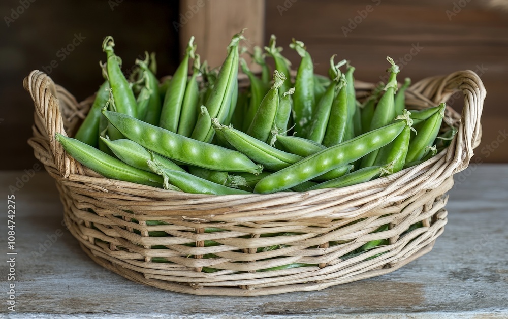 A basket filled with pea pods, their bright green color making a fresh display A basket filled with pea pods, their bright green color making a fresh display