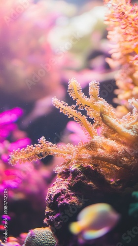 Soft coral showing polyps in reef aquarium with pink and purple light photo