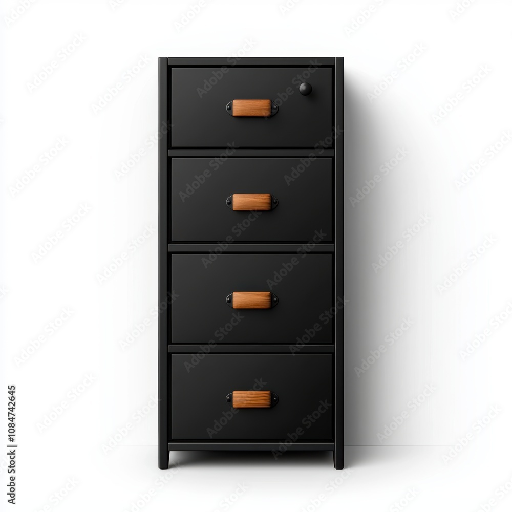 A sleek black four-drawer cabinet with wooden handles, perfect for organizing spaces, Ideal for home offices, bedrooms, or modern living areas to enhance decor and functionality, A sleek black four-drawer cabinet with wooden handles, perfect for organizing spaces, Ideal for home offices, bedrooms, or modern living areas to enhance decor and functionality,