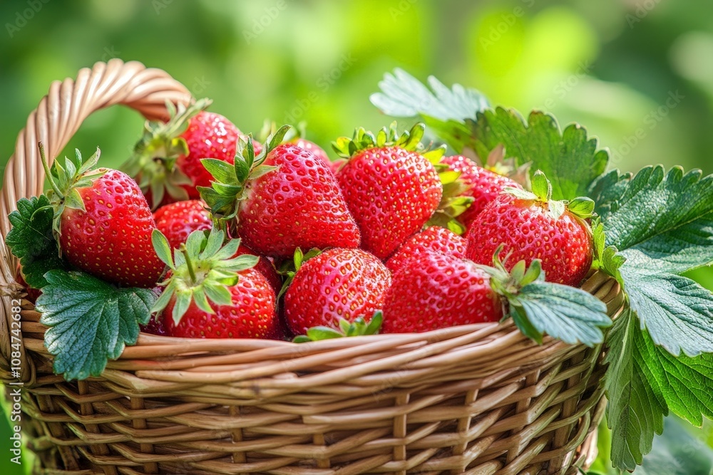 A basket of strawberries freshly picked, their red hues and green leaves contrasting beautifully A basket of strawberries freshly picked, their red hues and green leaves contrasting beautifully