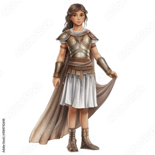 Young Female Warrior in Ancient Greek-Style Armor and Tunic