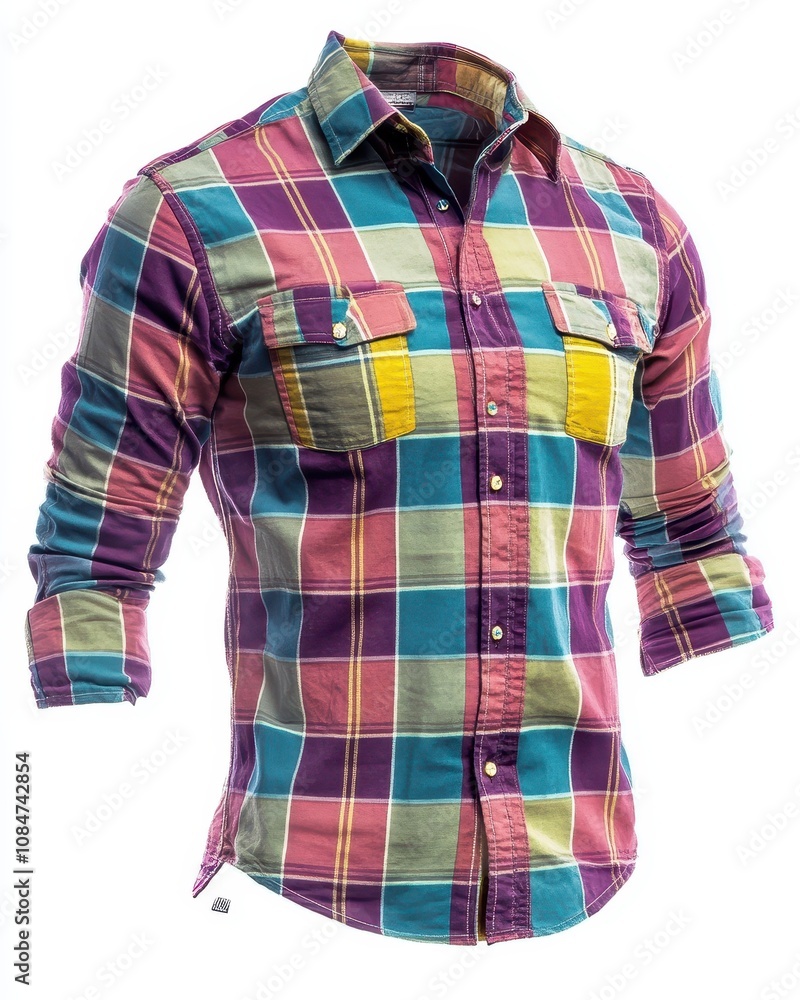 A vibrant plaid shirt stands out against a crisp white backdrop, highlighting its striking colors and designs ideal for style and clothing showcases A vibrant plaid shirt stands out against a crisp white backdrop, highlighting its striking colors and designs ideal for style and clothing showcases