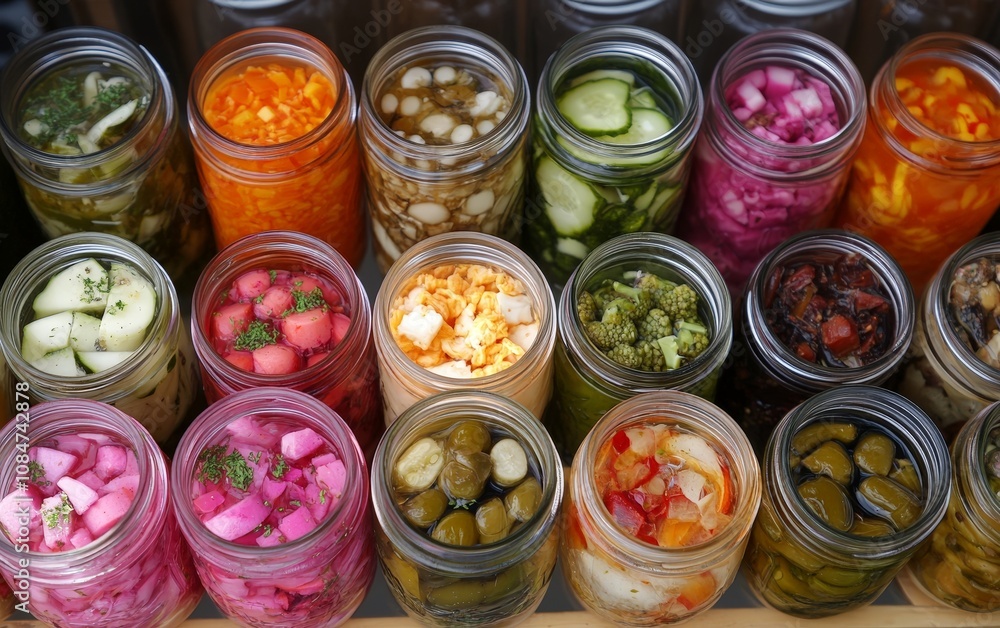 A beautifully arranged selection of pickled and fermented vegetables, each jar filled with colorful ingredients A beautifully arranged selection of pickled and fermented vegetables, each jar filled with colorful ingredients