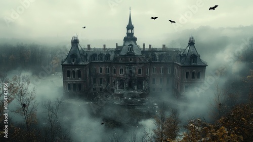 Haunted estate - eerie old mansion shrouded in dense fog, crows circling above, embodying mystery, decay, evoking chilling atmosphere of abandonment, shadows, haunting silence.