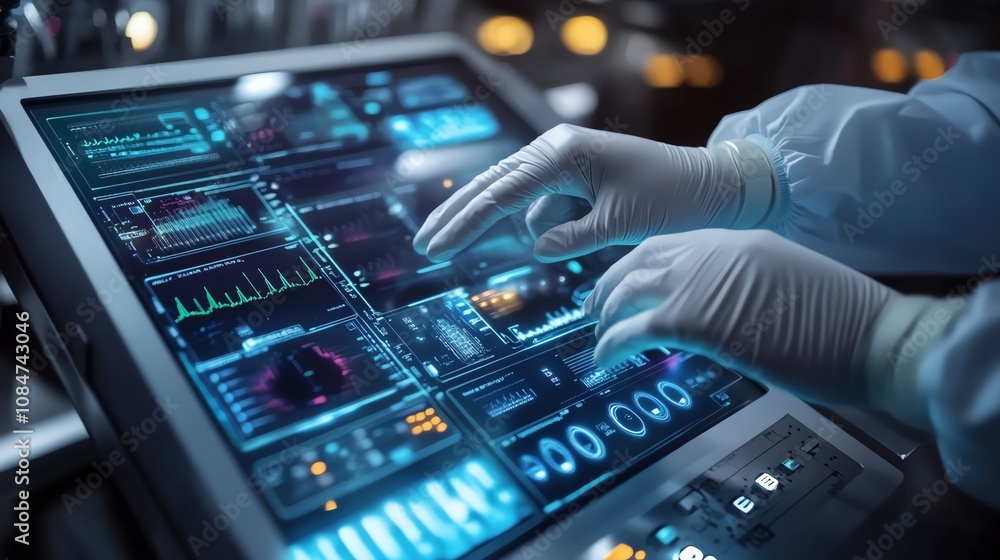 Scientist using advanced digital interface. Scientist using advanced digital interface.