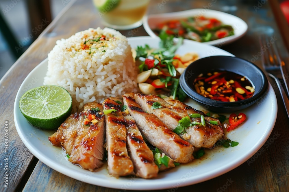 Delicious Grilled Pork with Rice, Herbs, and Spicy Dipping Sauce Delicious Grilled Pork with Rice, Herbs, and Spicy Dipping Sauce