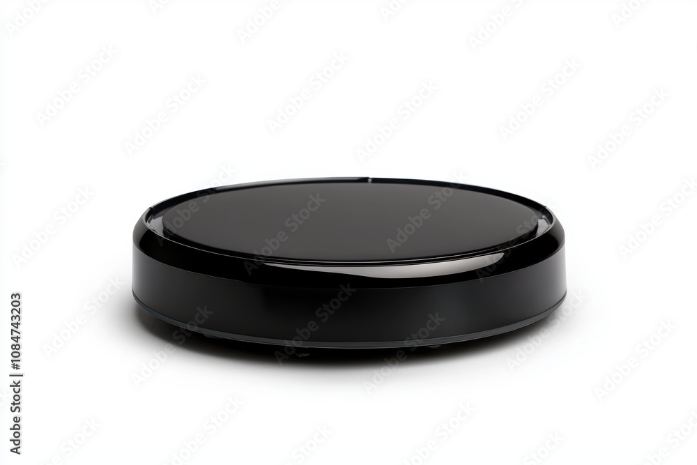 A sleek black robotic device designed for cleaning, Its minimalist design and glossy finish make it suitable for modern home or office settings A sleek black robotic device designed for cleaning, Its minimalist design and glossy finish make it suitable for modern home or office settings