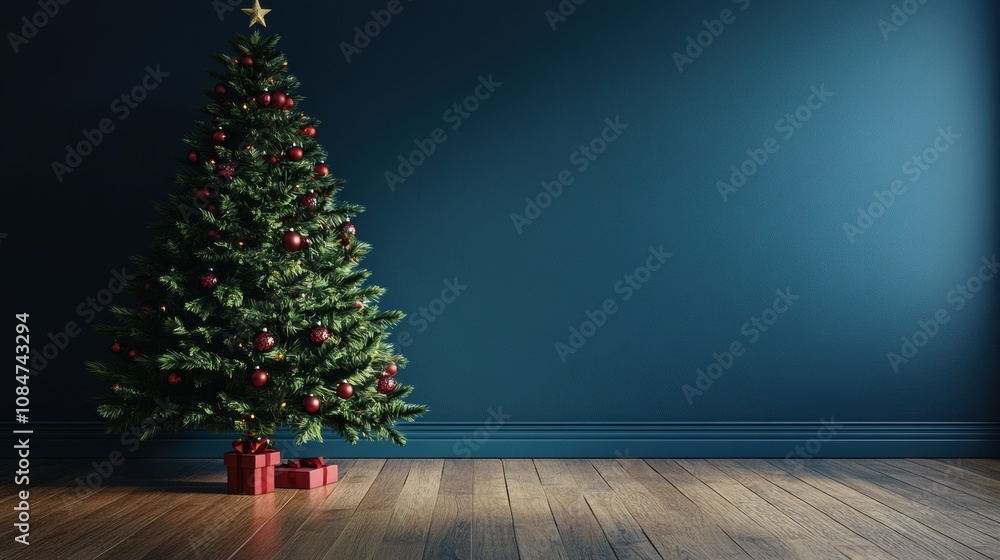 An interior design with a Christmas tree on a dark blue wall background. Christmas banner. 3D rendering. An interior design with a Christmas tree on a dark blue wall background. Christmas banner. 3D rendering.