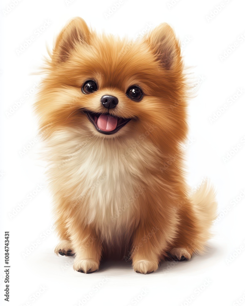 Adorable illustration of a playful small dog with a fluffy coat, sitting affectionately against a clean white backdrop Adorable illustration of a playful small dog with a fluffy coat, sitting affectionately against a clean white backdrop