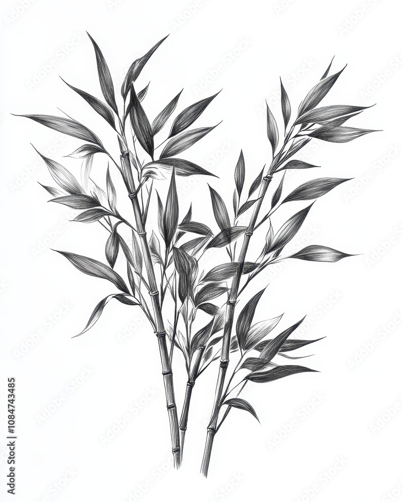 Fototapeta premium A front-facing bamboo illustration with intricate leaves and stalks set against a crisp white backdrop.