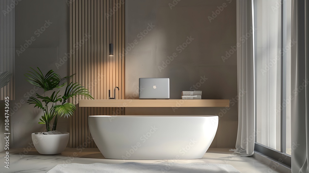 Fototapeta premium Interior of luxury bathroom with modern bathtub, ceramic sink and laptop on board