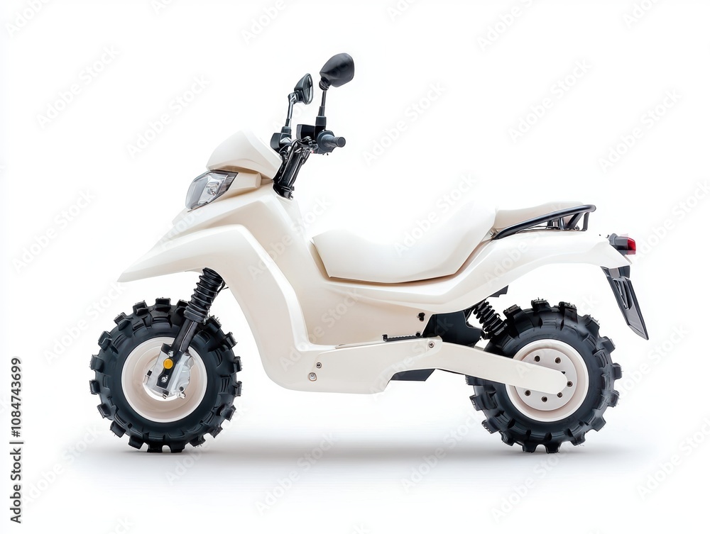 Obraz premium Stylish all-terrain electric scooter with a sleek design features large knobby tires and a comfortable seat, Ideal for promoting eco-friendly transportation, adventure gear, and outdoor lifestyle,
