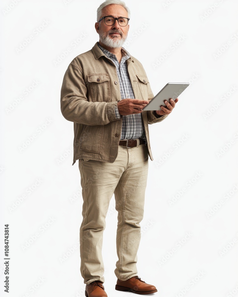 Portrait of a mature man standing holding digital tablet isolated on transparent png background. Portrait of a mature man standing holding digital tablet isolated on transparent png background.