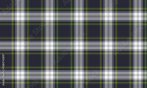 Plaid fabric pattern, navy blue, white, green, yellow, modern distinctive, seamless for textiles, and for designing clothes, skirts, pants or decorative fabrics. Vector illustration.