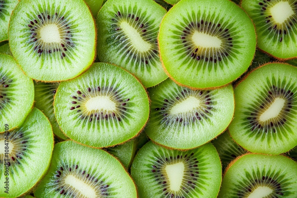 A bunch of kiwi slices arranged in a circular pattern, emphasizing their fresh, tropical look A bunch of kiwi slices arranged in a circular pattern, emphasizing their fresh, tropical look